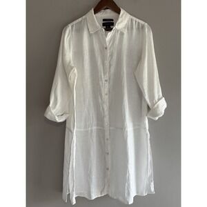 Tahari Linen Tunic Top Blouse Roll Tab Button White Beach Lagenlook Coastal Med